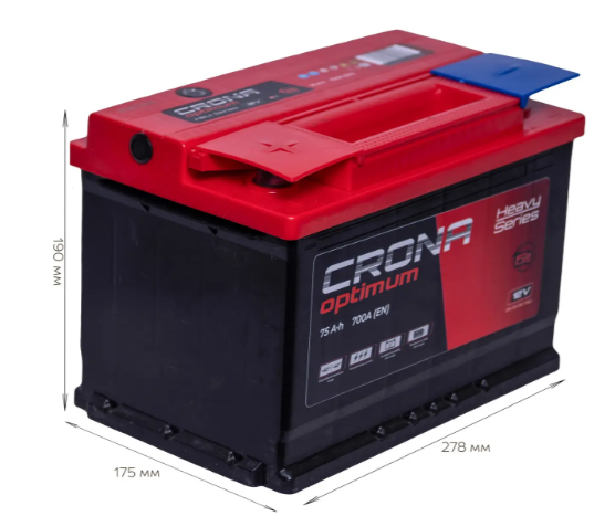 Акумулятор автомобільний CRONA 75Ah 700A 12V R+/L+ (EN700, 278&times;175&times;190) 757001 фото