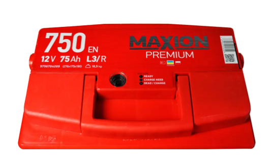Акумулятор автомобільний MAXION Premium 75Ah 750A 12V R+/L+ (L3, 278&times;175&times;190) 757502 фото